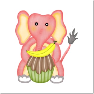 Cute elephant eating banana cupcake. Posters and Art